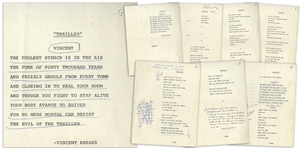 Vincent Prices Personally Owned Script From the Thriller Music Video -- With Prices Handwritten Notes, Including a Mention of the Singer Prince Visiting -- With LOA From Prices Daughter
